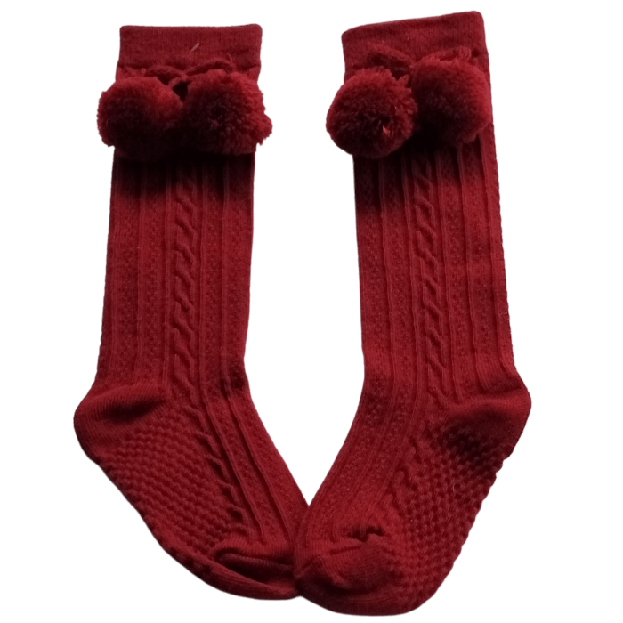 Burgundy Pom Pom Knee High Socks
