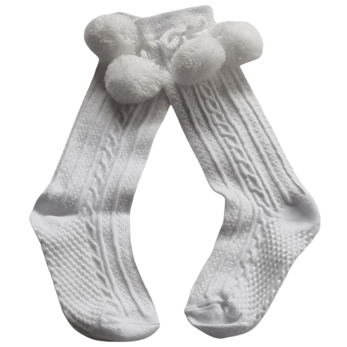 White Pom Pom Knee High Socks