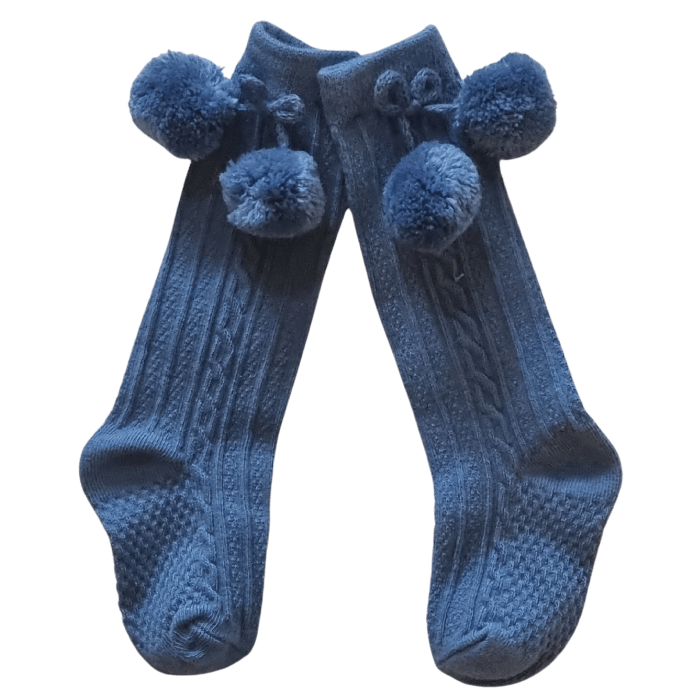 Dark Blue Pom Pom Knee High Socks
